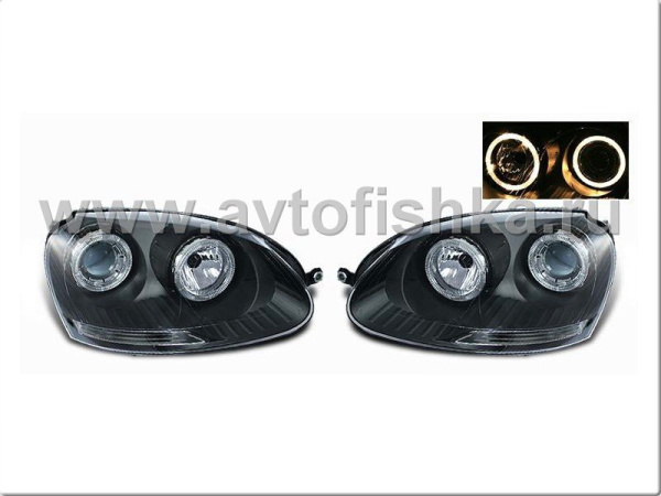 Volkswagen Golf 5 (03-) фары передние линзовые черные, со светящимися ободками, под корректор, комплект 2 шт.
