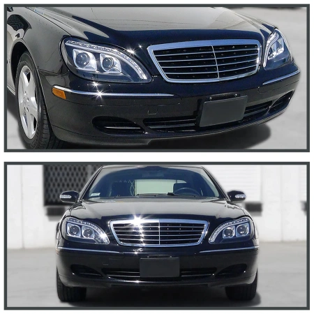 Mercedes S W220 (98-05) фары передние линзовые черные, с подсветкой DRL
