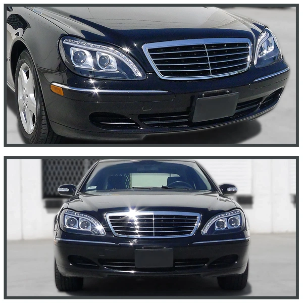 Mercedes S W220 (98-05) фары передние линзовые черные, с подсветкой DRL