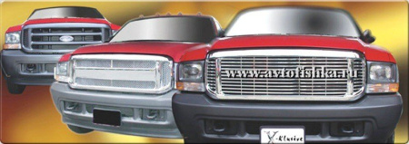 Ford Excursion (00-05) решетка радиатора хромированная, с центральным молдингом, горизонтальный дизайн.