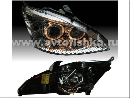 Ford Focus 1 (98-04) Europe+USA передние фары линзовые хромированные, со светящимися ободками, комплект 2 шт.