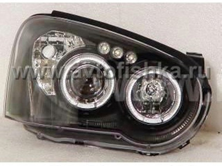 Subaru Impreza GG/GD (03-05) фары передние черные, со светящимися ободками, линзовые с белыми рефлекторами
