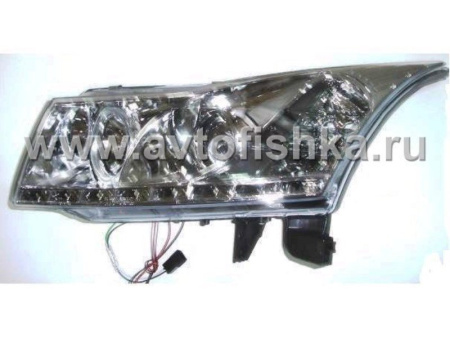 Chevrolet Cruze (08-) хромированные линзовые передние фары со светящимися ободками и диодной подсветкой DRL, комплект 2 шт.
