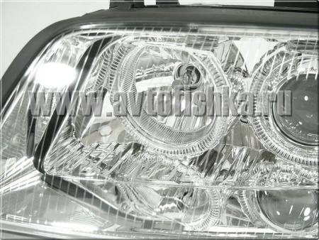 Audi A6 Allroad (01-05) фары передние линзовые хромированные, со светящимися ободками, под корректор, комплект 2 шт.
