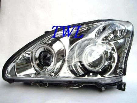 Lexus RX330, RX350 (2003-2008) фары передние линзовые хромированные, со светящимися ободками и светодиодной подсветкой, комплект 2 шт.