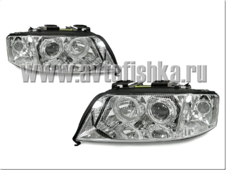 Audi A6 Allroad (01-05) фары передние линзовые хромированные, со светящимися ободками, под корректор, комплект 2 шт.