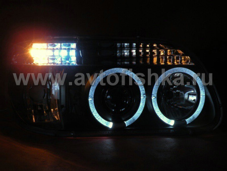 Ford Explorer (95-01) фары передние линзовые черные, со светящимися ободками и светодиодной подсветкой, комплект 2 шт.