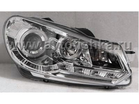 Volkswagen Golf 6 (09-) фары передние хромированные, со светящимися ободками  и DRL, линзовые