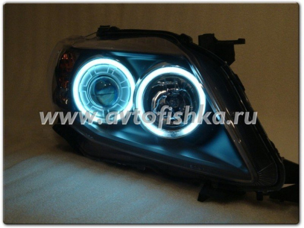 Toyota Corolla (2006-2010) фары передние линзовые черные со светящимися ободками с подсветкой DRL, комплект 2 шт.