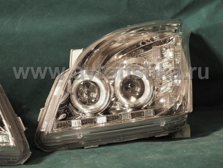 Toyota Land Cruiser Prado 120 (2002-2009) фары передние линзовые хромированные со светящимися ободками и светодиодной подсветкой под корректор, комплект 2 шт.