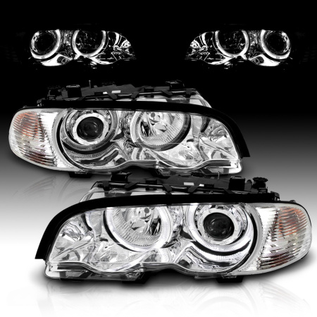 BMW 3 E46 (98-01) купе фары передние линзовые хромированные, со светящимися ободками, с поворотниками, с мотором электрокорректора, комплект лев.+прав.