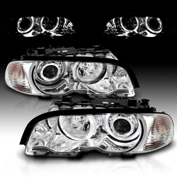 BMW 3 E46 (98-01) купе фары передние линзовые хромированные, со светящимися ободками, с поворотниками, с мотором электрокорректора, комплект лев.+прав.