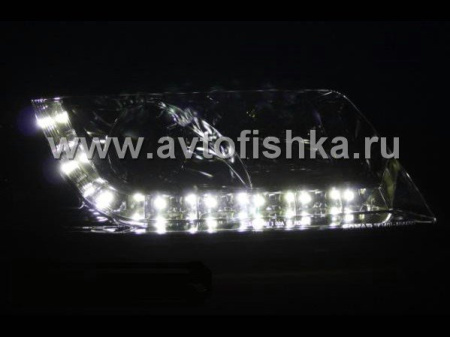 Audi A6 (01-03) фары передние линзовые хромированные, со светодиодной подсветкой, комплект 2 шт.