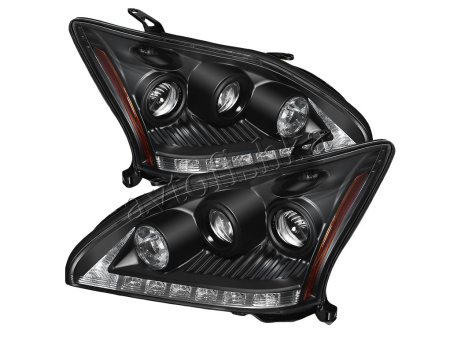 Lexus RX330, RX350 (03-08) фары передние линзовые черные, со светодиодной подсветкой DRL