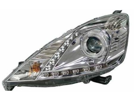 Honda Fit, Jazz (07-) GE, фары передние линзовые хромированные, со светящимися ободками, со светодиодной подсветкой, комплект 2 шт.