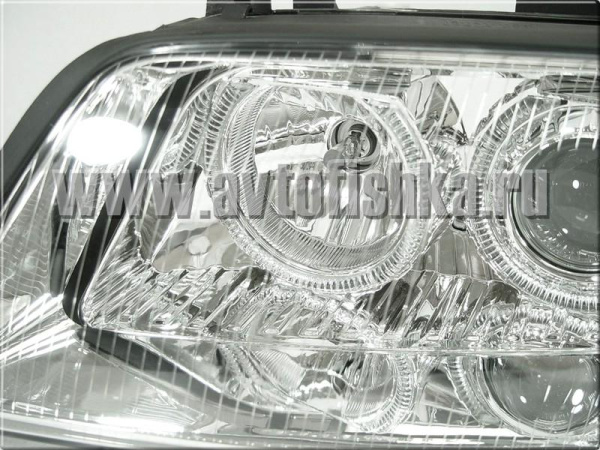 Audi A6 (99-01) фары передние линзовые хромированные, со светящимися ободками, под корректор, комплект 2 шт.