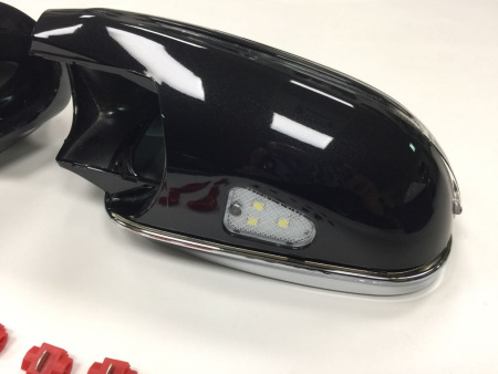 Mercedes W208 CLK корпуса боковых зеркал черные, со светодиодными поворотниками и подсветкой Welcome, хромированная рамка, комплект 2 шт.