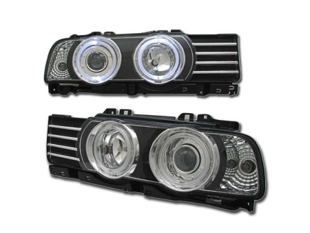 BMW 5 E34 (88-94) фары передние линзовые черные, со светящимися ободками, комплект 2 шт.