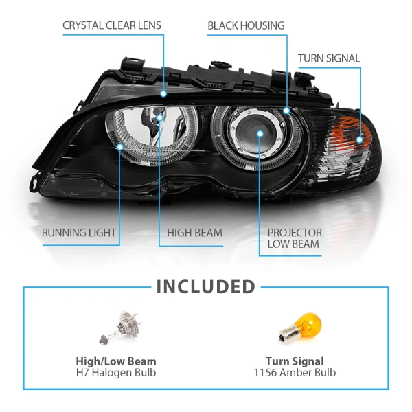 BMW 3 E46 Купе / M3 (2000-2006) фары передние линзованные черные, с ангельскими глазками
