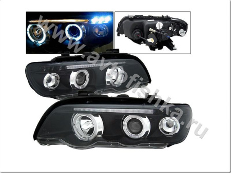BMW X5 (98-03) фары передние линзовые черные, со светящимися ободками, с белыми поворотниками, комплект 2 шт.