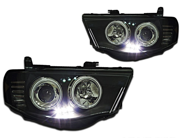 Mitsubishi L200 Triton (05-) фары передние линзовые внутри черные, со светящимися ободками, комплект 2 шт.