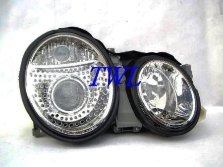 Mercedes CLK W208 (98-02) фары передние линзованные, перфорированные, хромированные, под ксенон, комплект 2 шт