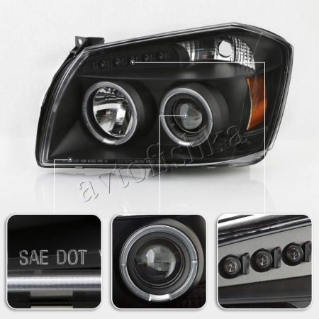 Dodge Magnum (05-08) фары передние линзовые черные, со светящимися ободками и светодиодной подсветкой, комплект 2 шт.