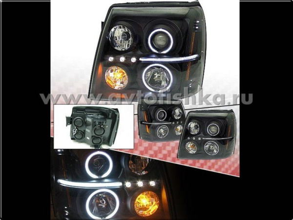 Cadillac Escalade (02-06) фары передние линзовые черные, со светящимися ободками, комплект 2 шт.