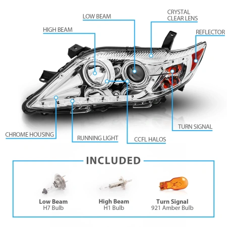 Toyota Camry XV40 рестайл (2010-2011) фары передние линзовые хромированные, с светодиодной подсветкой ДХО