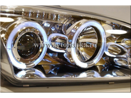 Ford Focus 2 (05-07) фары линзовые передние хромированные, со светящимися ободками, комплект 2 шт.