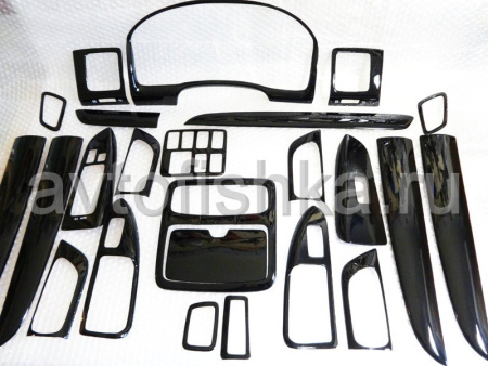 Toyota Land Cruiser Prado 120 (02-) накладки в салон автомобиля под дерево, цвет черный рояль (piano black), комплект 24 предмета.