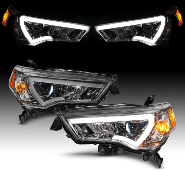 Toyota 4Runner (2014-2022) передние фары тёмно-серые линзованные с LED DRL