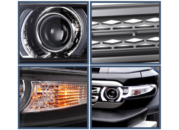 Toyota FJ Cruiser (07-15) фары линзовые в комплекте с решеткой радиатора, дизайн №1