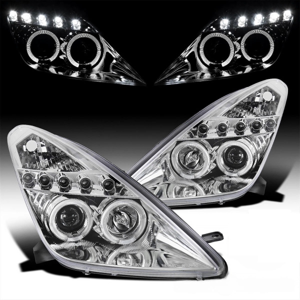 Toyota Celica (00-05) фары передние линзовые хромированные, со светящимися ободками LED