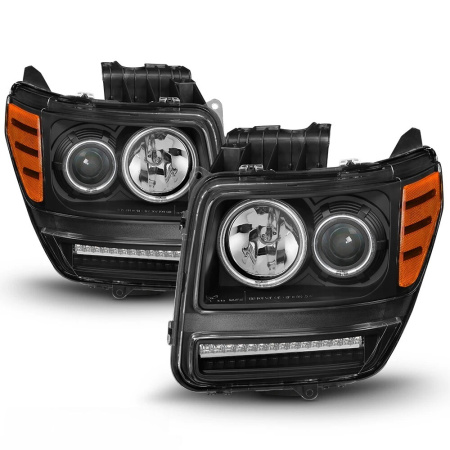 Dodge Nitro (2007-2011) фары передние линзовые черные, с ангельскими глазками и светодиодной подсветкой 
