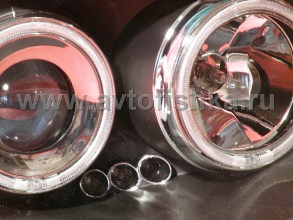 Mitsubishi L200 Triton (2005-) передние фары линзовые со светящимися ободками, черные, комплект 2 шт.