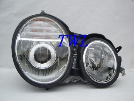 Mercedes E W210 (95-99) фары передние линзованные хромированные, дизайн Mercedes W211, с подсветкой CCFL, комплект 2 шт.