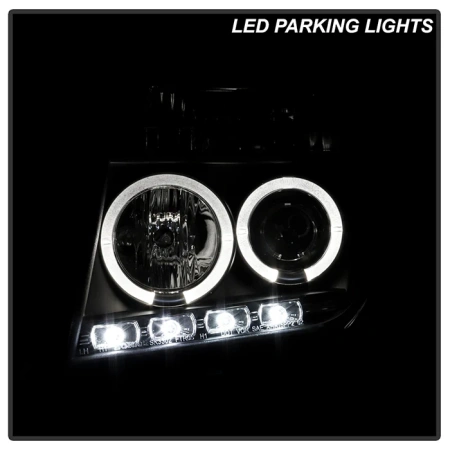 Nissan Pathfinder III, Navara (05-10) передние фары линзовые черные, со светящимися ободками, комплект 2 шт.