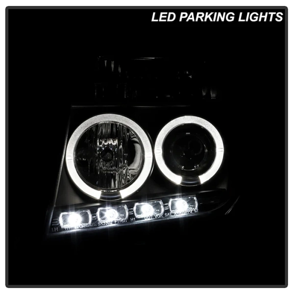 Nissan Pathfinder III, Navara (05-10) передние фары линзовые черные, со светящимися ободками, комплект 2 шт.