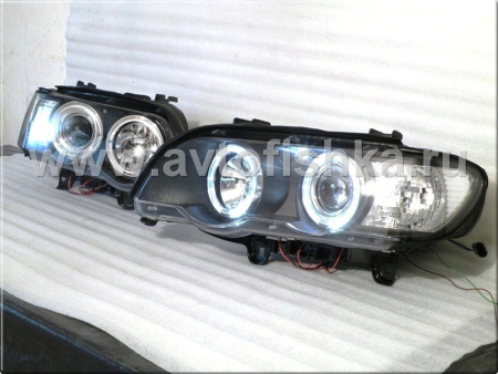 BMW X5 (1998-2003) фары передние линзовые черные, со светящимися ободками, комплект 2 шт.