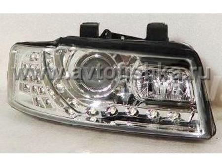 Audi A4 8E2, B6 (01-04) фары передние хромированные, линзовые cветодиодные c DRL
