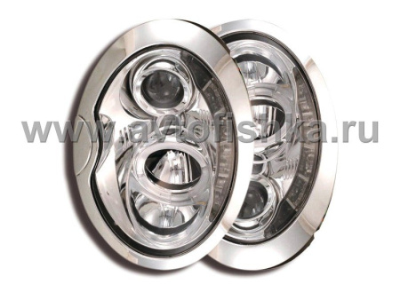 Mini Cooper фары передние линзовые хромированные, со светящимися ободками, с DRL подсветкой, комплект 2 шт.