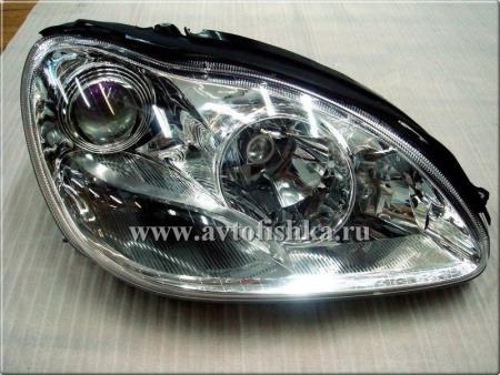 Mercedes S W220 (98-05) фары ксеноновые передние линзовые хромированные с блоками розжига ксенона Philips, лампы D1S Osram, с электрокорректором, комплект 2 шт.