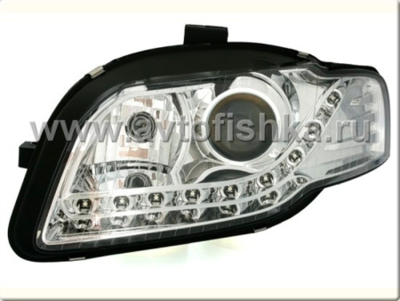 Audi A4 (05-07) передние фары линзовые хромированные, со светодиодной подсветкой, с электрокорректором, комплект 2 шт.