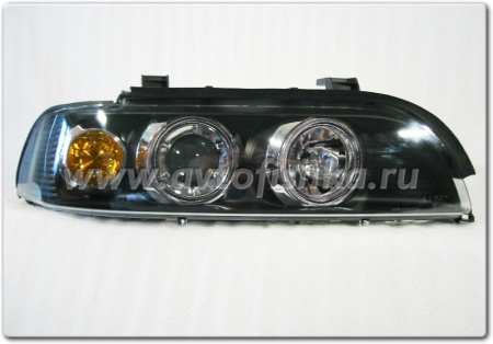 BMW 5 E39 фары передние, линзовые, с желтым поворотником, черные, комплект 2 шт.
