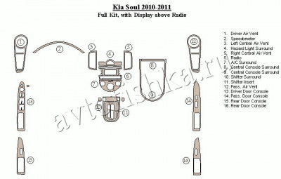 Декоративные накладки салона KIA Soul 2010-н.в. полный набор, с Display above Радио