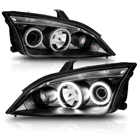 Ford Focus 2 (05-07) передние линзовые фары с ангельскими глазками, черные