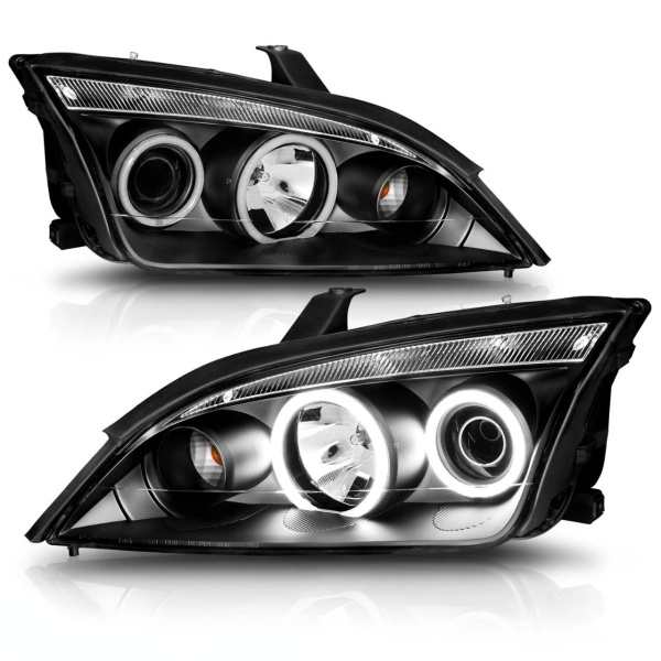 Ford Focus 2 (05-07) передние линзовые фары с ангельскими глазками, черные