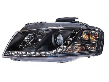 Audi A3 (03-08) передние линзовые черные фары, со светодиодной подсветкой, с электрокорректором, комплект 2 шт.