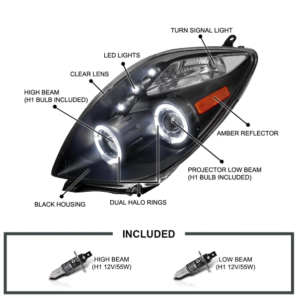 Toyota Yaris P2 (05-) передние фары линзовые черные, со светящимися ободками, комплект 2 шт.